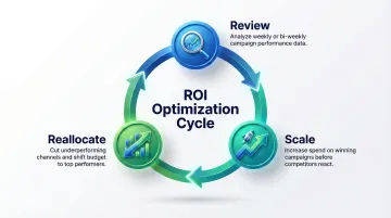 Dubai advertising optimization loop showing review reallocate and scale cycle