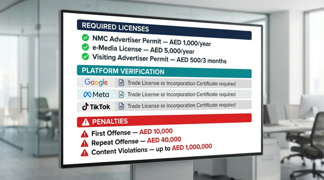UAE advertising compliance requirements checklist showing licenses fees and penalties