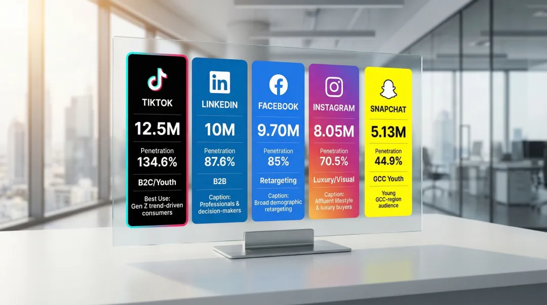 Dubai social media platform comparison showing user counts and audience demographics