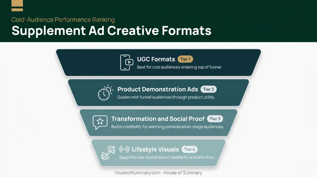 Four-tier supplement ad creative hierarchy from UGC to lifestyle visuals