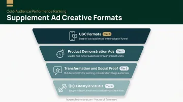 Four-tier supplement ad creative hierarchy from UGC to lifestyle visuals