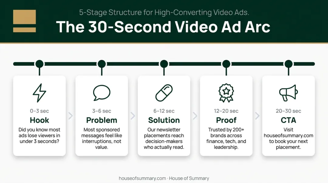 Five-part supplement video ad structure timeline from hook to CTA
