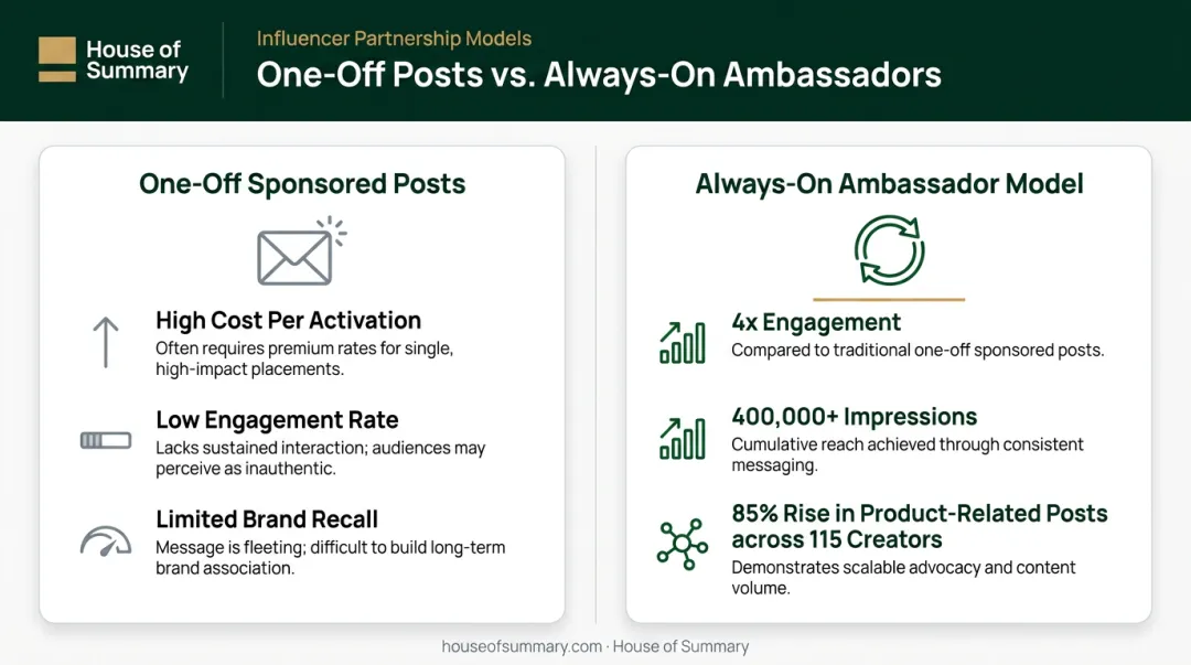 One-off sponsored posts versus long-term ambassador model results comparison infographic