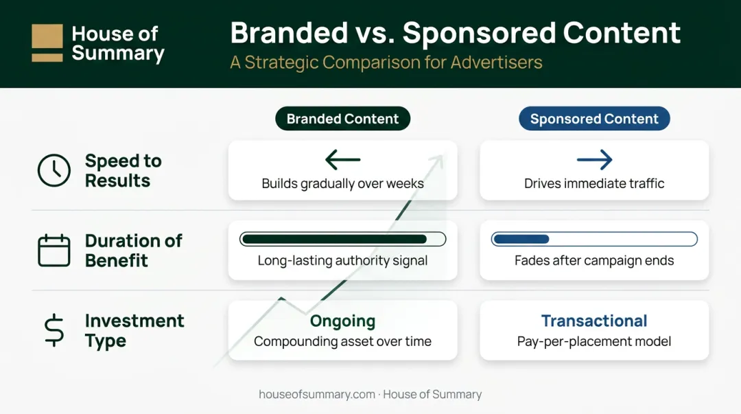 Branded versus sponsored content ROI timeline speed and investment type comparison table