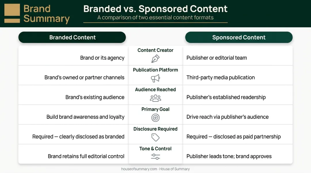 Branded content versus sponsored content six-dimension side-by-side comparison infographic