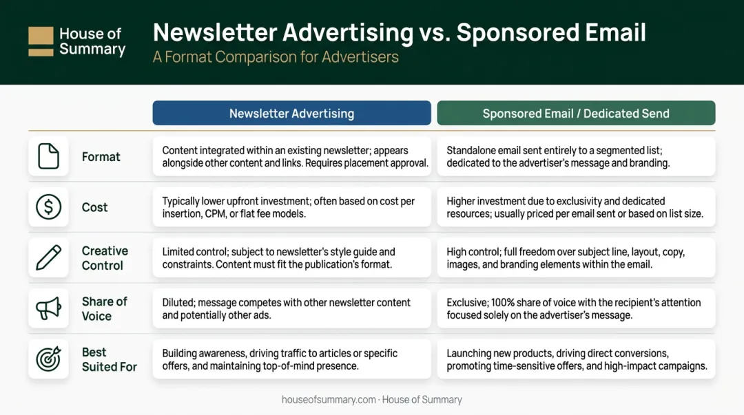 Newsletter advertising versus sponsored email five-dimension comparison infographic