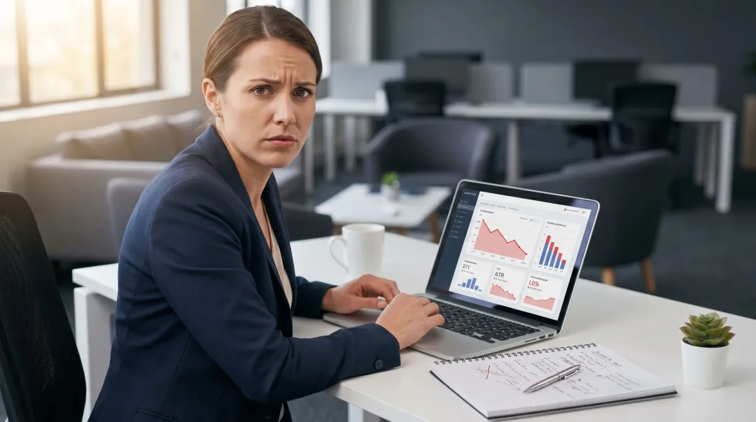 Stressed marketer reviewing failed ad campaign results on laptop screen