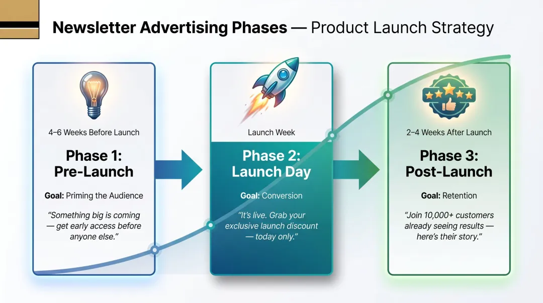 Three-phase newsletter ad launch sequence pre-launch to post-launch timeline