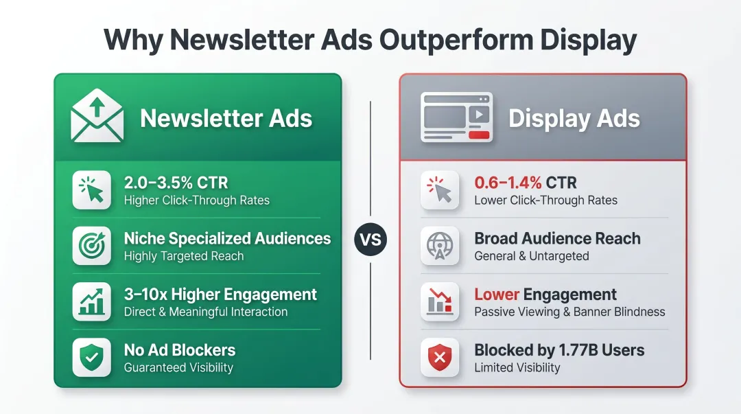 Newsletter advertising versus display ads CTR performance comparison infographic