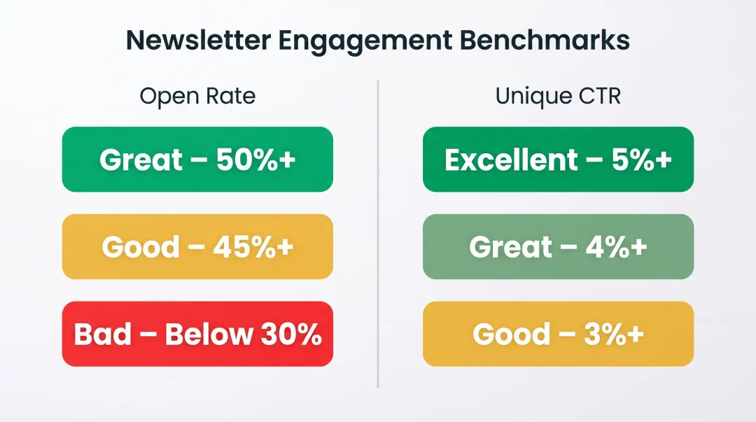 Newsletter engagement benchmark tiers showing open rate and CTR thresholds