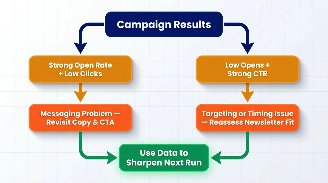 Newsletter ad performance diagnostic flowchart interpreting open rate and CTR outcomes