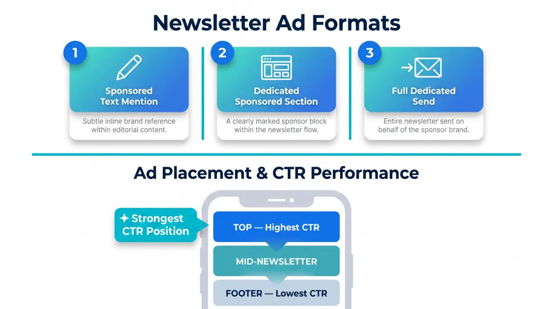 Three newsletter ad format types with placement position performance comparison