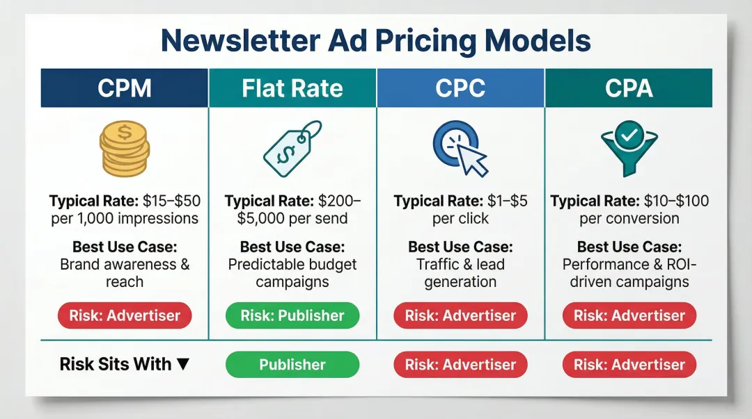 Four newsletter ad pricing models comparison chart CPM flat rate CPC CPA