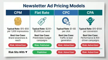 Four newsletter ad pricing models comparison chart CPM flat rate CPC CPA