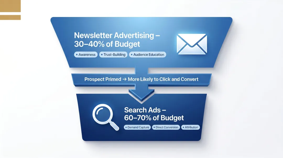 Dual channel advertising budget split strategy newsletter and search ads funnel diagram