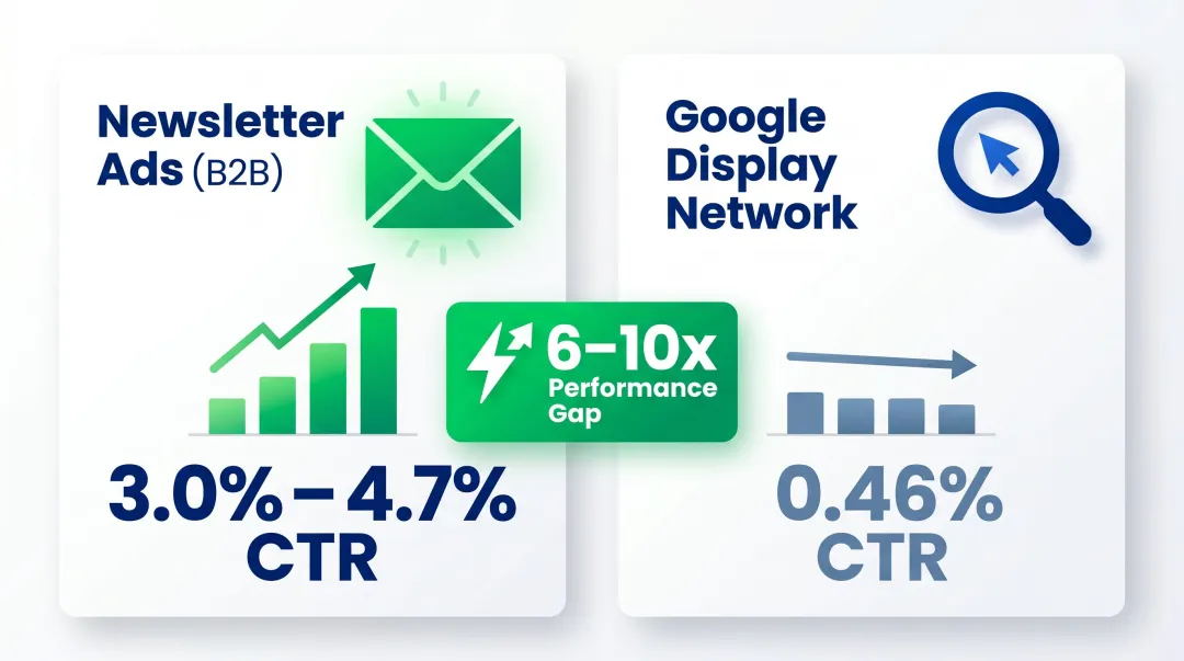 Newsletter ad CTR versus Google Display Network benchmark comparison infographic