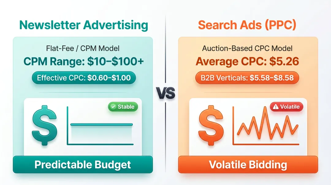 Newsletter advertising versus search ads cost structure and CPM CPC comparison chart
