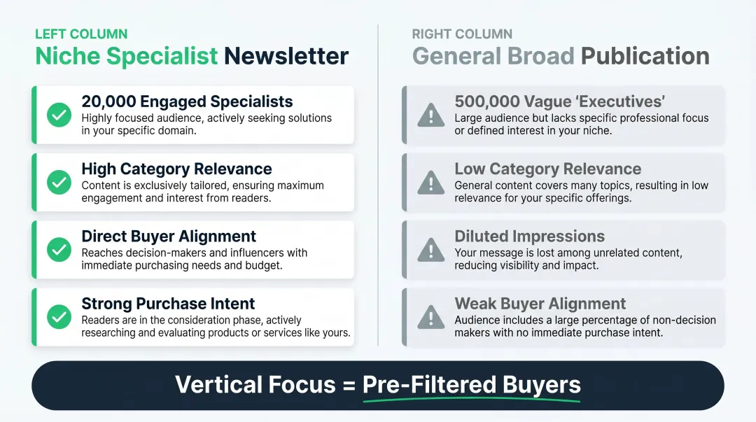 Specialized niche newsletter versus broad general publication audience targeting comparison