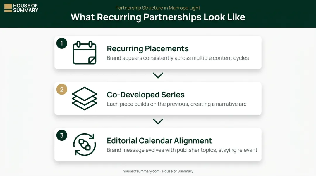 Long-term sponsored content partnership structure showing three recurring engagement models