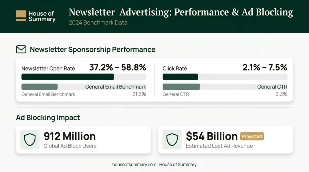 Newsletter sponsorship engagement rates versus social media and ad blocking statistics comparison