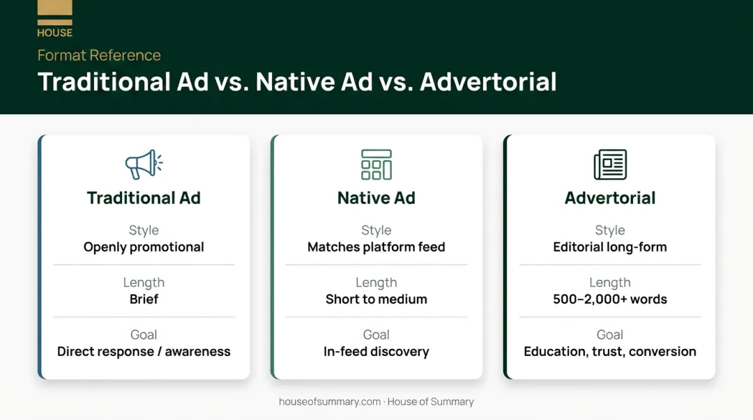 Three-format advertising comparison chart traditional ad native ad advertorial