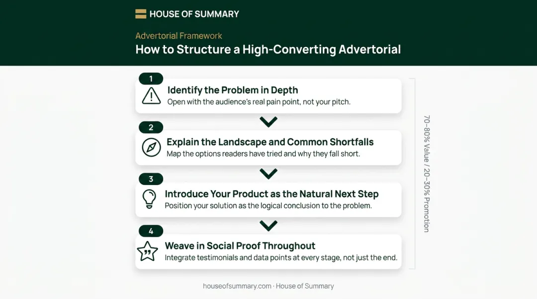 Four-step advertorial content structure balancing information and product promotion