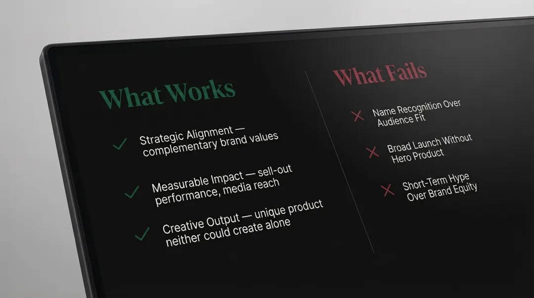 Luxury collaboration evaluation criteria versus common failure reasons comparison infographic