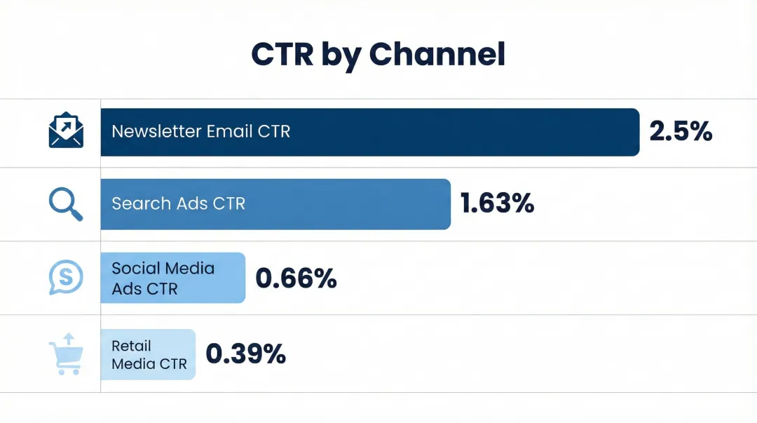 Newsletter versus search social and retail media click-through rate comparison chart