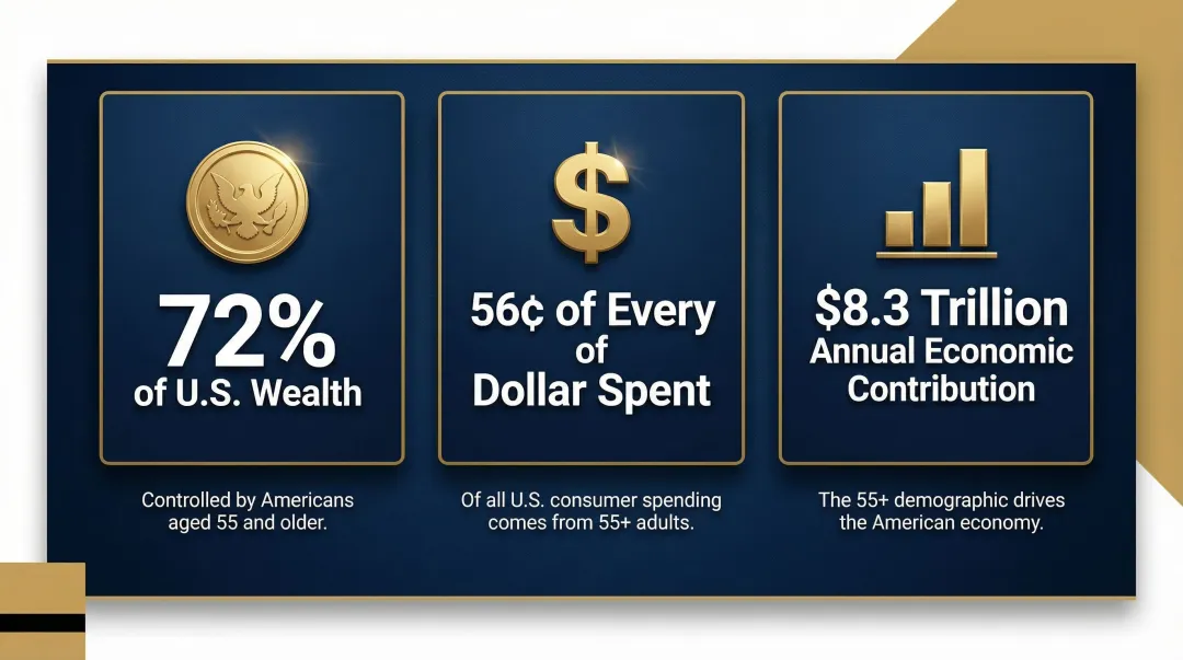 55+ demographic wealth and consumer spending statistics comparison infographic