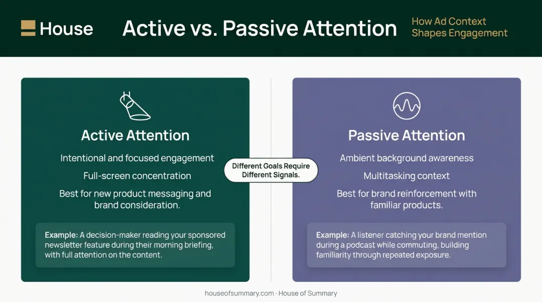 Active versus passive attention comparison showing campaign objectives and optimal use cases