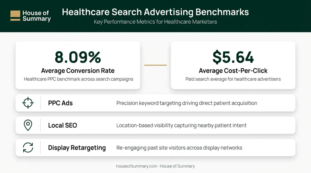 Healthcare search advertising benchmarks showing conversion rate and cost-per-click data