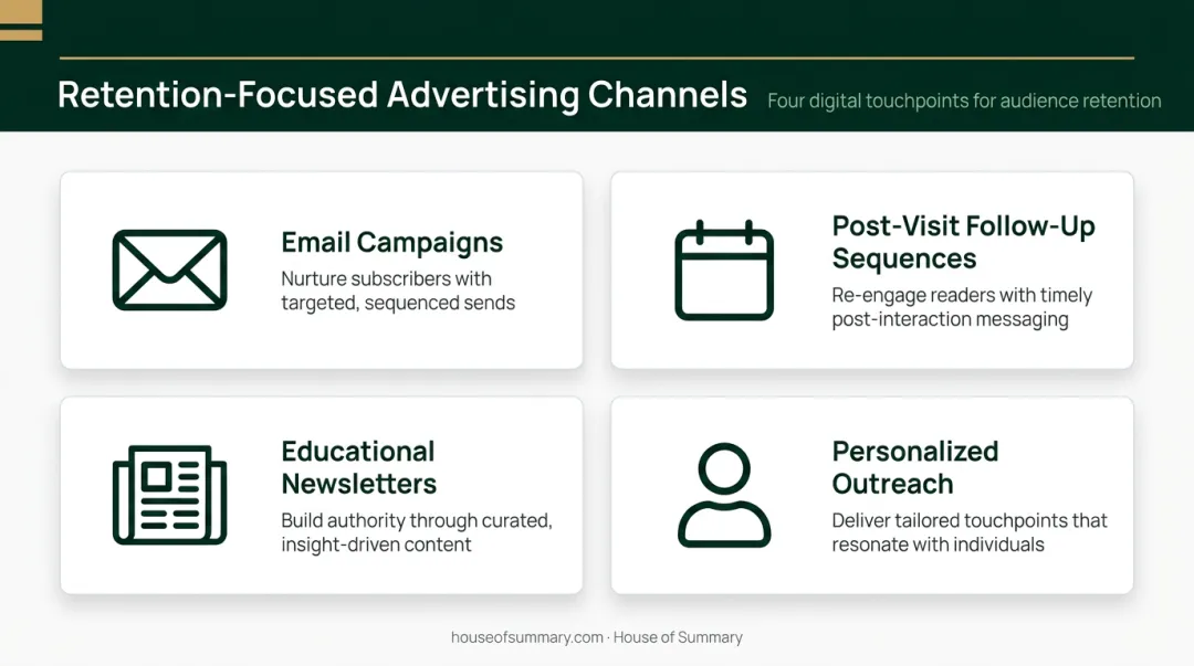 Four patient retention advertising channels infographic with email and outreach tactics