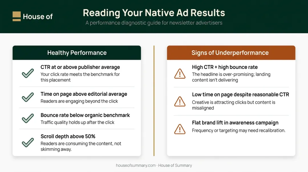 Native ad performance signals healthy indicators versus underperformance warning signs comparison