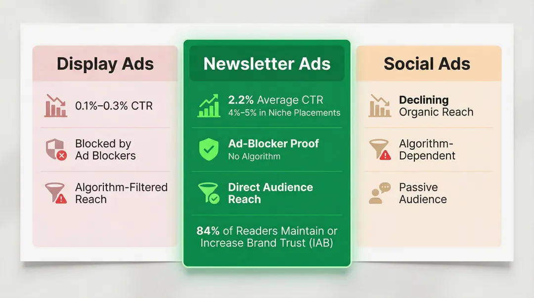 Newsletter ads versus display and social ads performance comparison infographic