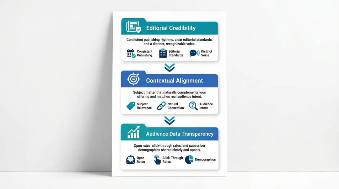 Three-criteria newsletter partner evaluation framework for advertisers infographic