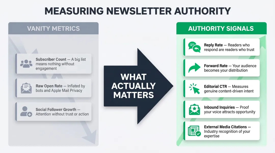 Newsletter authority metrics framework vanity metrics versus real authority signals comparison