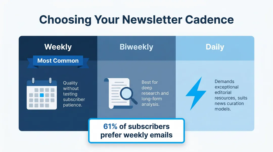 D2C newsletter publishing cadence guide weekly biweekly and daily frequency comparison
