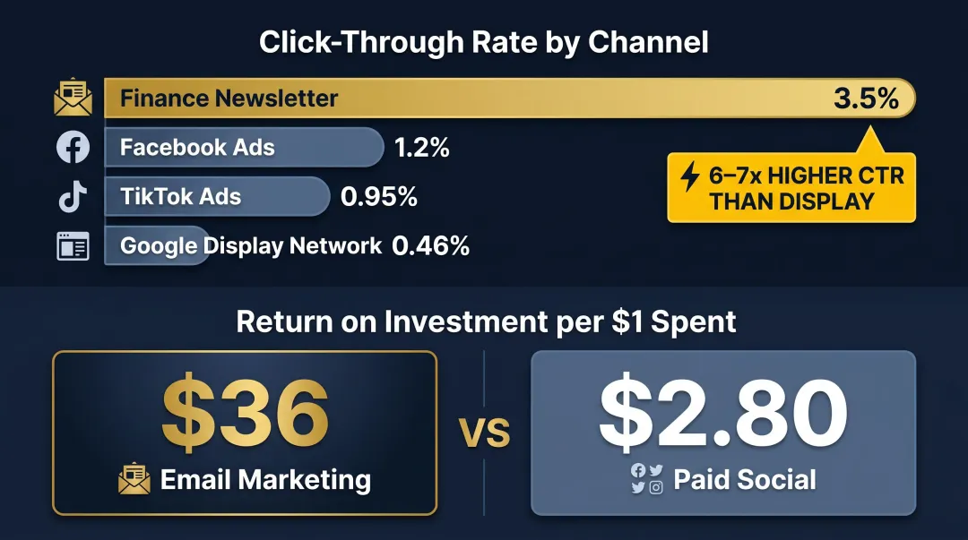 Financial newsletter CTR versus display social and email ROI channel comparison infographic