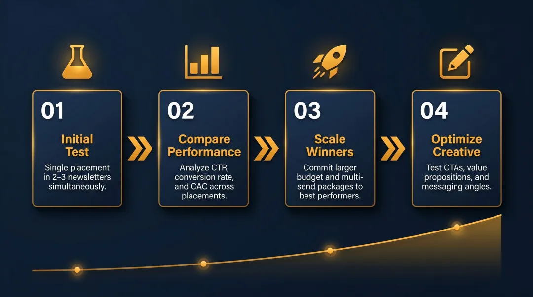 Four-step D2C newsletter advertising test and scale strategy process infographic