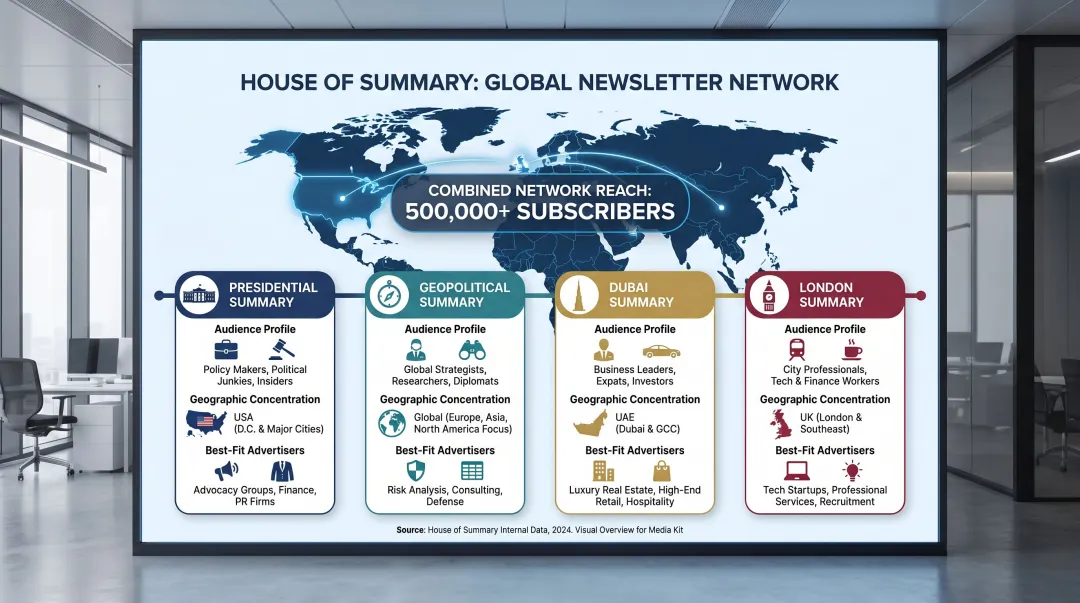 House of Summary four-newsletter network audience breakdown and geographic reach map