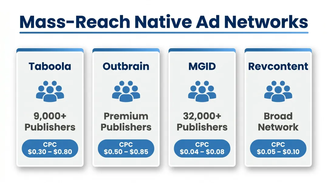 Native ad platform comparison chart showing publisher reach and CPC ranges