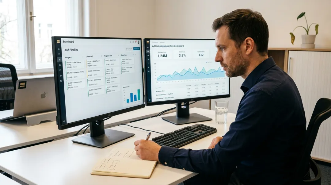 Media buyer reviewing CRM integration demo with vendor on dual monitor setup