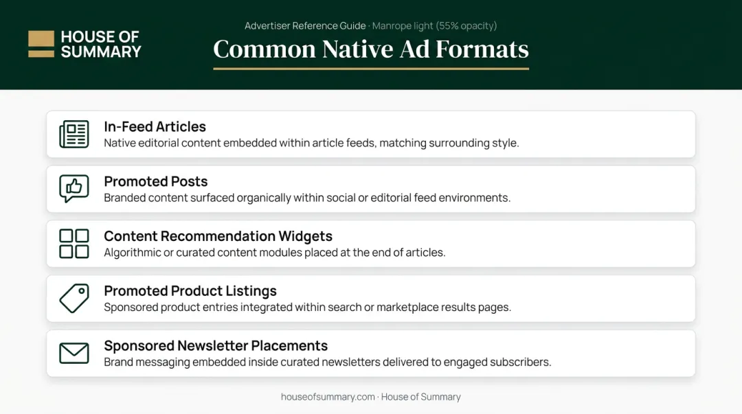 Five common native advertising formats illustrated with icons and descriptions