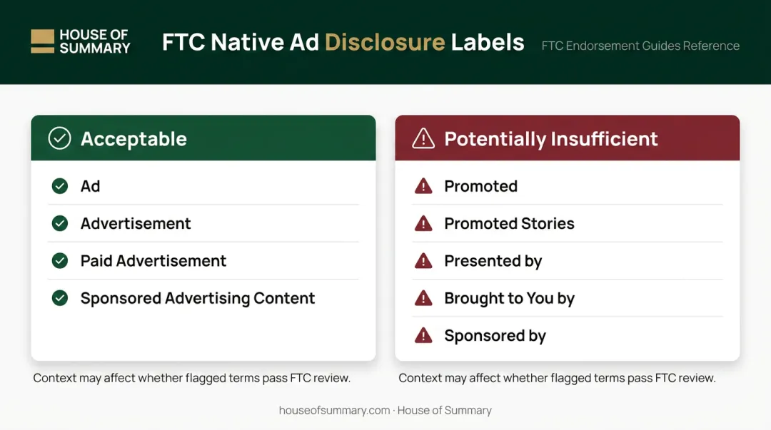 FTC acceptable versus insufficient native advertising disclosure label comparison chart