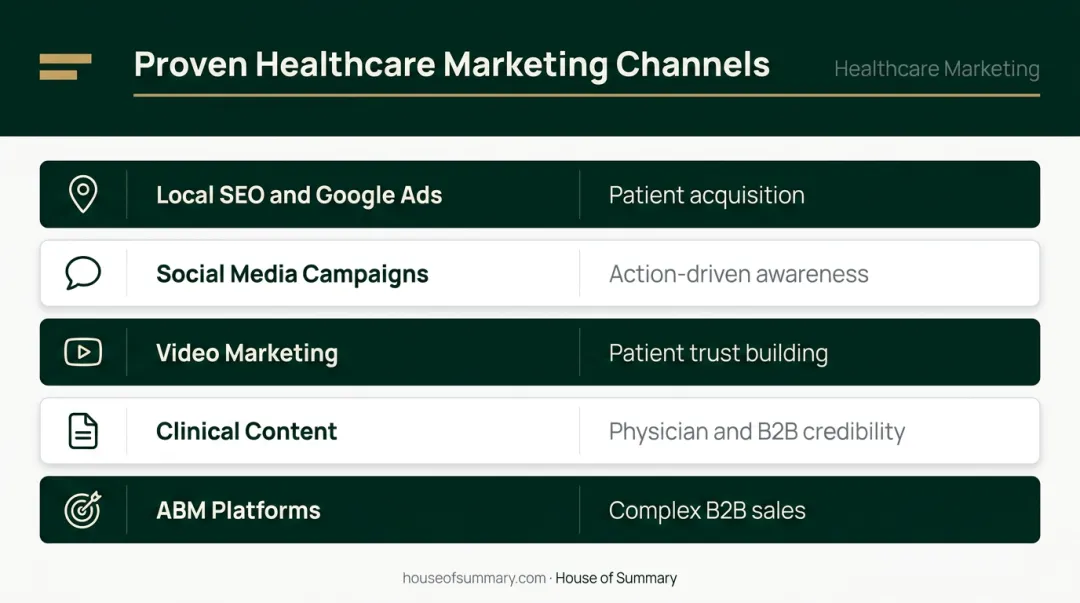 Healthcare marketing channel comparison matrix matching audience type to recommended channel