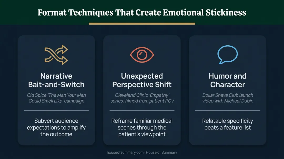 Three healthcare advertising format innovation techniques with emotional impact examples