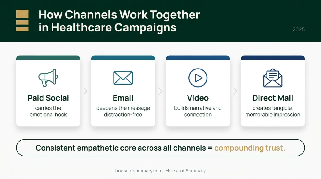 Multi-channel healthcare advertising strategy showing four channel roles and functions