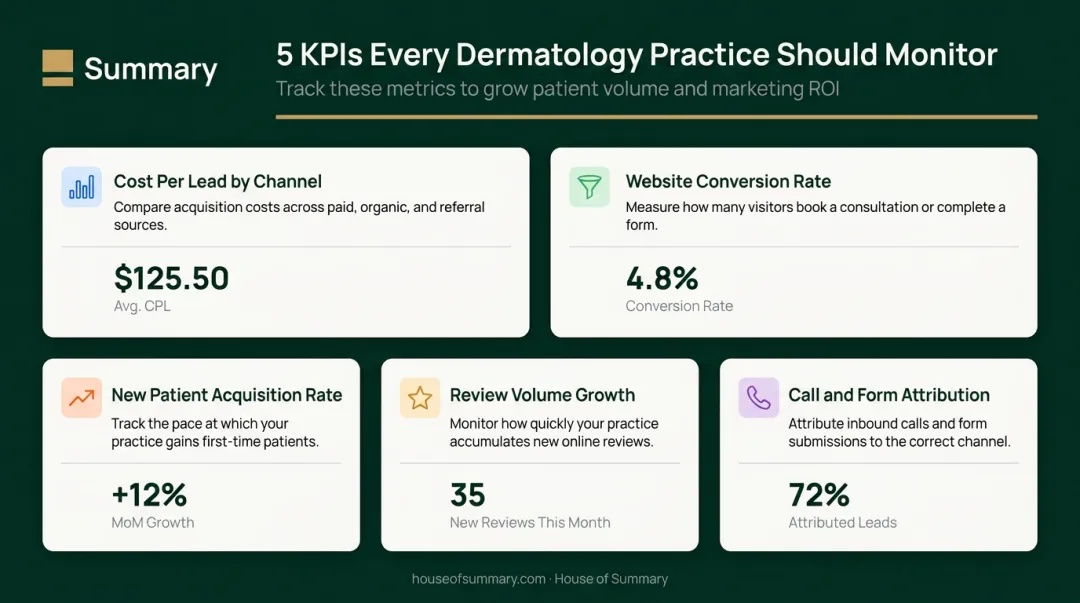 Five key dermatology advertising KPIs dashboard metrics for ROI tracking