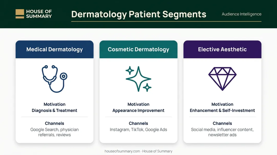 Three dermatology patient segments comparison chart with channels and motivations