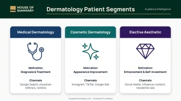 Three dermatology patient segments comparison chart with channels and motivations